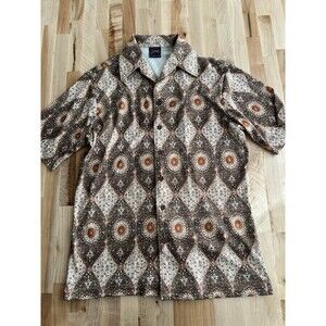 Vintage 70s JOEL Short Sleeve Button Up Disco Shirt Polyester Brown Orange M